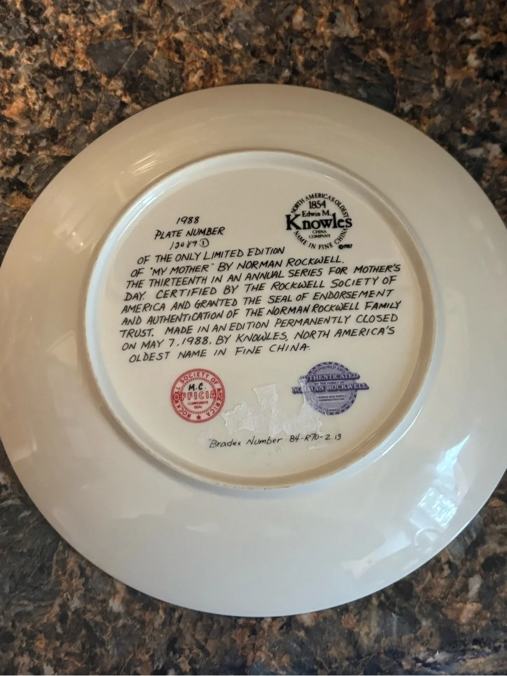 Mother's Day 1988 Decorative Plate - Norman Rockwell Design